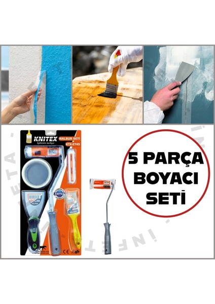 5 Parça Rulo,kestirme Fırça, Bant ve Spatula Boyacı Seti Yedek Rulolu