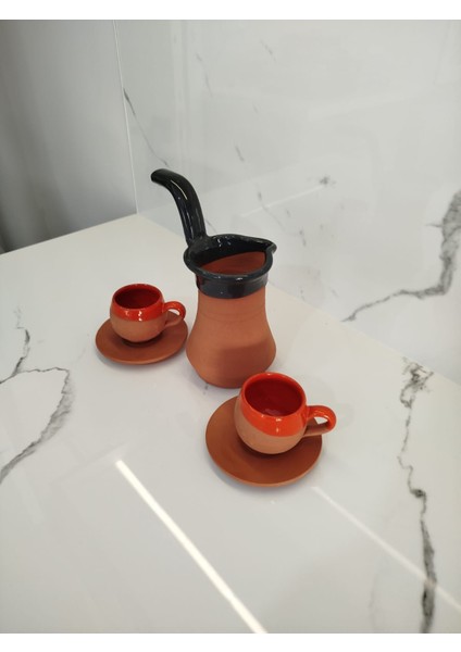 Toprak Içi Sırlı Turuncu 2'li Kahve Fincan Takımı ve Yeşil Renk Cezve