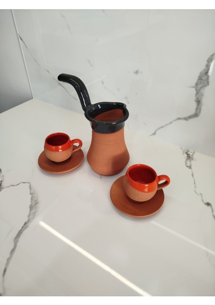 Toprak Içi Sırlı Turuncu 2'li Kahve Fincan Takımı ve Yeşil Renk Cezve modelleri