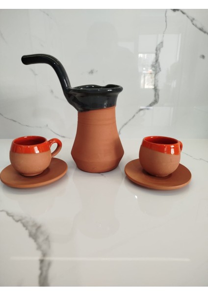 Toprak Içi Sırlı Turuncu 2'li Kahve Fincan Takımı ve Yeşil Renk Cezve fırsatları
