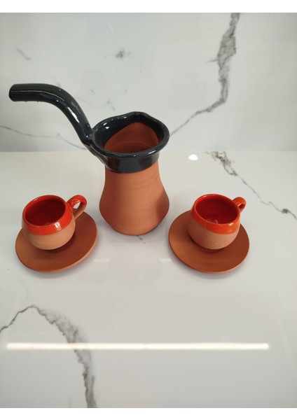 Toprak Içi Sırlı Turuncu 2'li Kahve Fincan Takımı ve Yeşil Renk Cezve indirimleri