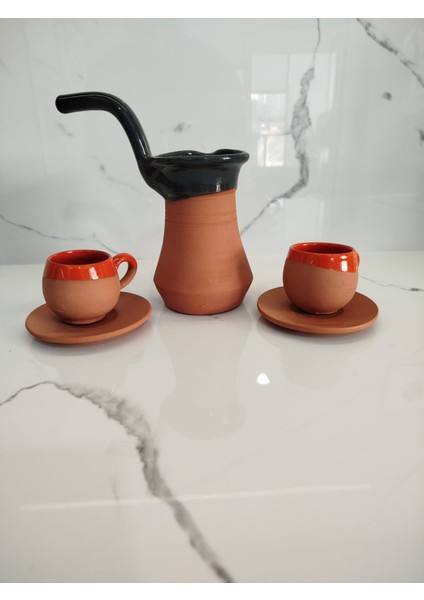 Toprak Içi Sırlı Turuncu 2'li Kahve Fincan Takımı ve Yeşil Renk Cezve