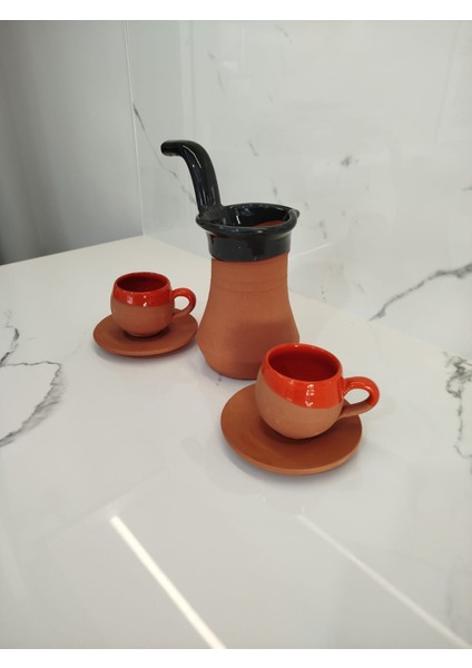 Toprak Içi Sırlı Turuncu 2'li Kahve Fincan Takımı ve Yeşil Renk Cezve