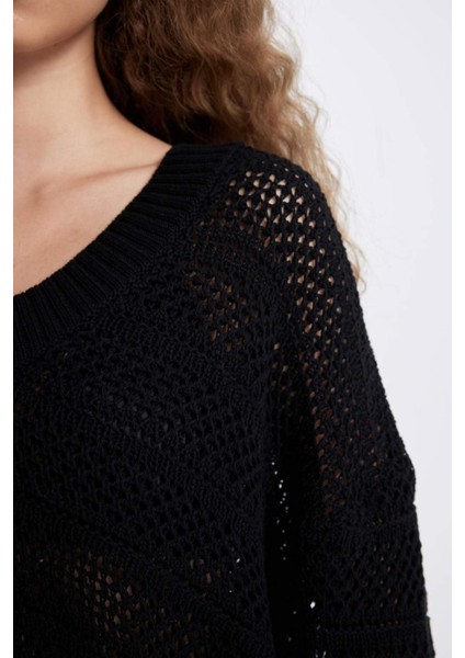 Regular Fit V Yaka Kroşe Siyah Triko Kazak D4633AX24AU