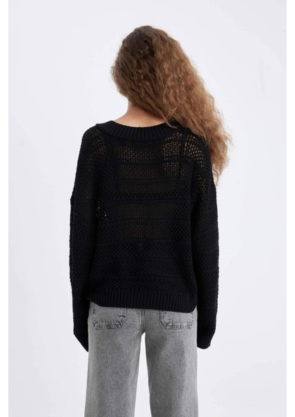 Regular Fit V Yaka Kroşe Siyah Triko Kazak D4633AX24AU