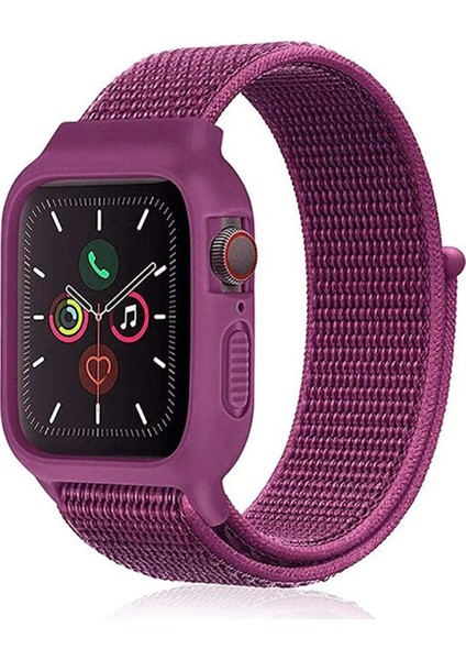 Apple Watch 38MM Hasırlı Cırtcırtlı Kasalı Kordon - Fuşya - TKNAL7612-5340