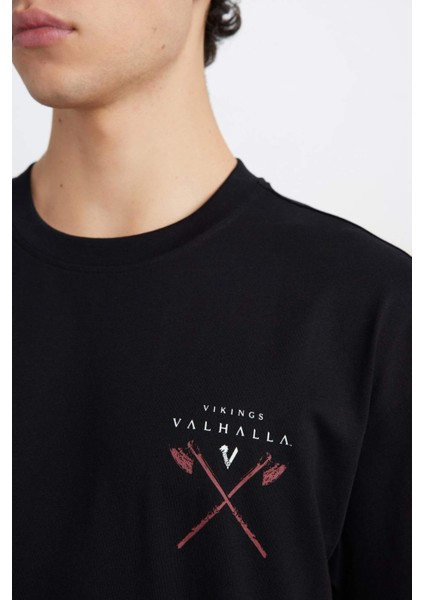 %100 Pamuk Vikings Valhalla Boxy Fit Rahat Kalıp Bisiklet Yaka Sırt Baskılı Kısa Kollu Tişört B8091AX25SP