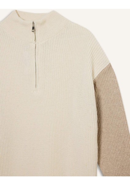 Relax Fit Renk Bloklu Dik Yaka Yarım Fermuarlı Triko Kazak Y0623Az24Au