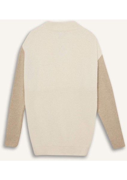 Relax Fit Renk Bloklu Dik Yaka Yarım Fermuarlı Triko Kazak Y0623Az24Au