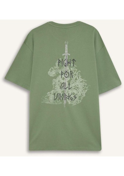 %100 Pamuk Vikings Valhalla Boxy Fit Bisiklet Yaka Sırt Baskılı Kısa Kollu Tişört D5461AX25SP