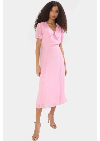 Şifon Elbise A Kesim Midi Boy Bebe Yaka Kısa Kollu Astarlı Yazlık Günlük Kullanım Için