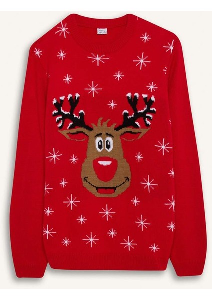 Kırmızı Standart Fit Yılbaşı Temalı Bisiklet Yaka Triko Kazak D5795AX24WN