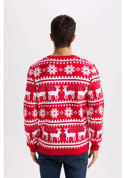 Kırmızı Standart Fit Yılbaşı Temalı Bisiklet Yaka Triko Kazak B2356AX24WN