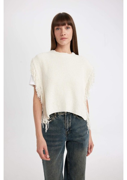 Relax Fit Bisiklet Yaka Basic Düz Selanik Kumaş Püsküllü Triko Süveter D5312AX24AU