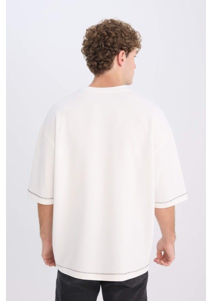 Loose Fit Bisiklet Yaka Kısa Kollu Ağır Kumaş Tişört C0147AX25SP