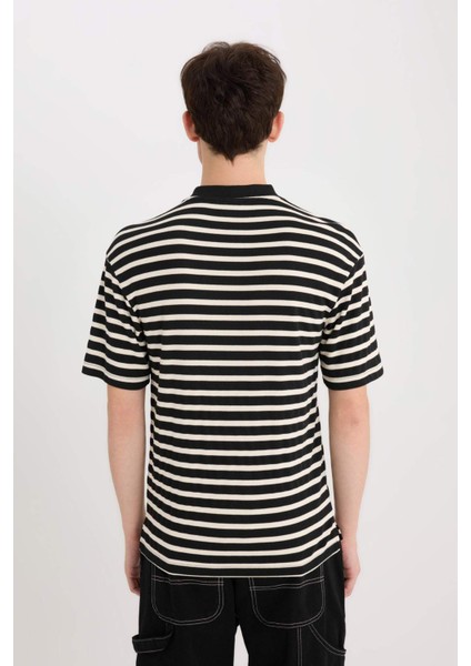 Boxy Fit Bisiklet Yaka Çizgili Kısa Kollu Ağır Kumaş Tişört B5910AX25SP