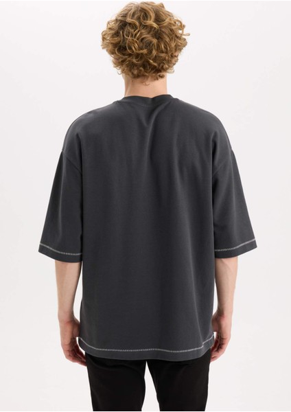 Loose Fit Bisiklet Yaka Kısa Kollu Ağır Kumaş Tişört C0147AX25SP