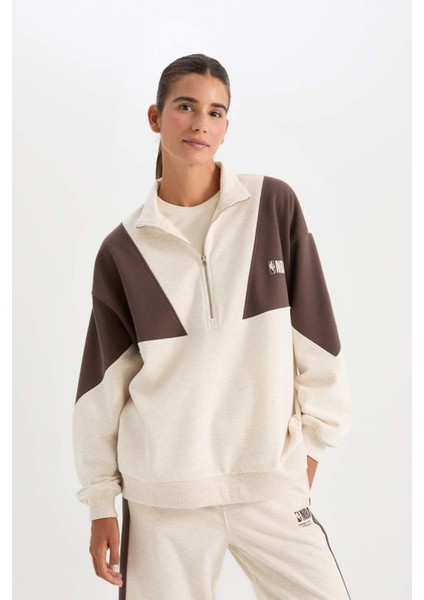 DeFacto Fit NBA Wordmark Oversize Geniş Kalıp Fermuarlı Dik Yaka Kalın Sweatshirt D0685AX24AU