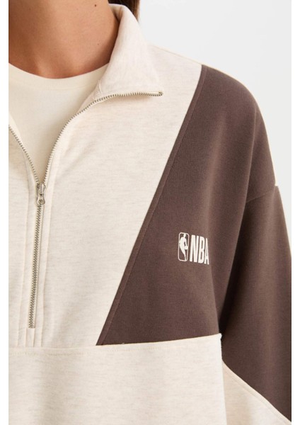 DeFacto Fit NBA Wordmark Oversize Geniş Kalıp Fermuarlı Dik Yaka Kalın Sweatshirt D0685AX24AU
