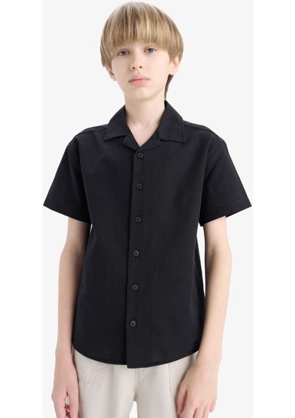 Erkek Çocuk Oversize Geniş Kalıp Polo Yaka Keten Görünümlü Kısa Kollu Gömlek D5861A825SM