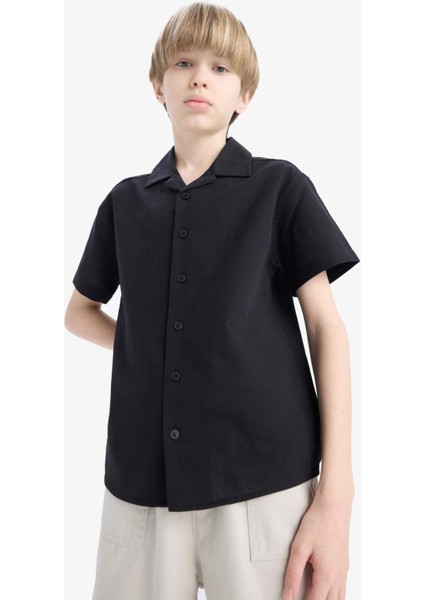 Erkek Çocuk Oversize Geniş Kalıp Polo Yaka Keten Görünümlü Kısa Kollu Gömlek D5861A825SM