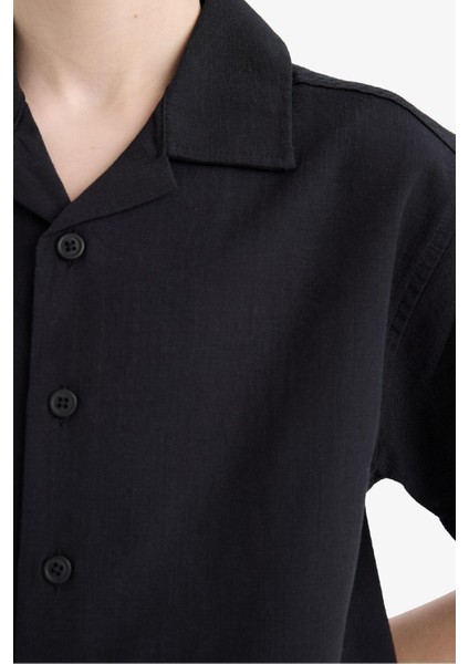 Erkek Çocuk Oversize Geniş Kalıp Polo Yaka Keten Görünümlü Kısa Kollu Gömlek D5861A825SM