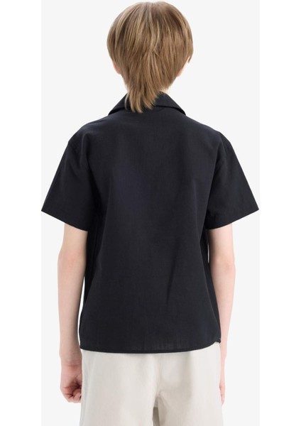 Erkek Çocuk Oversize Geniş Kalıp Polo Yaka Keten Görünümlü Kısa Kollu Gömlek D5861A825SM