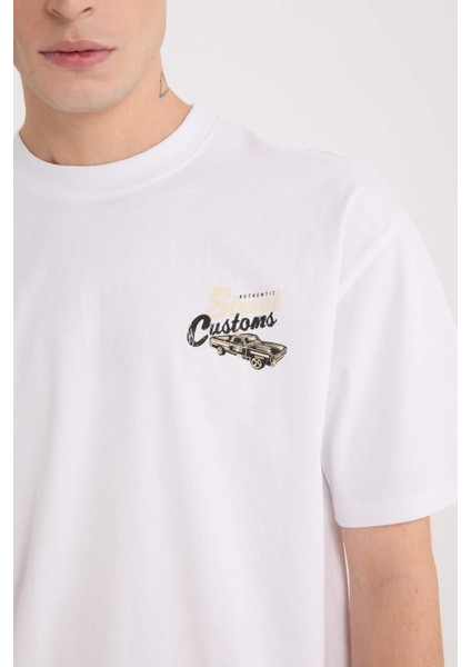 %100 Pamuk Boxy Fit Bisiklet Yaka Sırt Baskılı Kısa Kollu Tişört D5584AX25SP