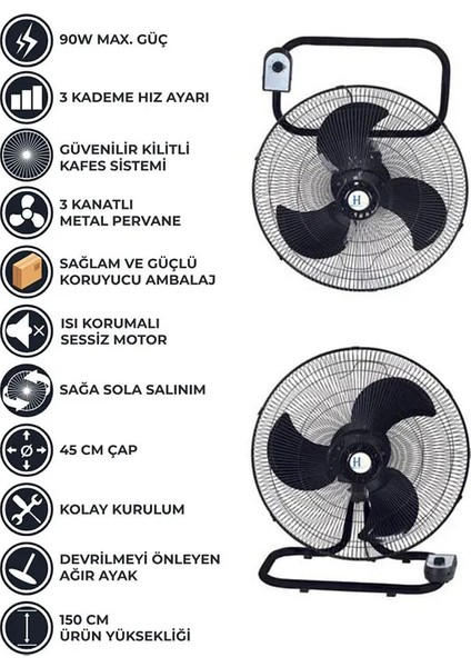 Harlem Çelik Vantilatör 90W Sanayi Tipi Serinletici 3 Kanatlı Pervane Ayaklı 18'' Duvar-Masaüstü-Yerde fiyatları