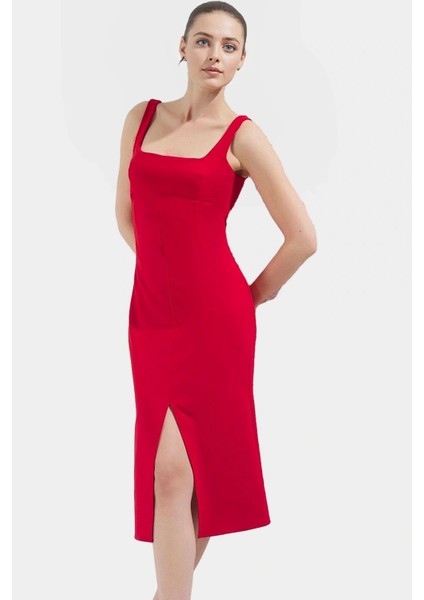 88% Polyester Yazlık Midi Elbise Kolsuz Vücudu Saran Dokuma Kumaş Smart Stil Profesyonel Görünüm