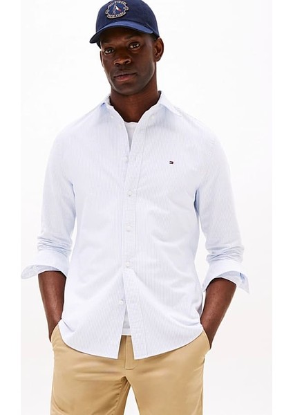 Erkek Regular Fit Çizgili Oxford Gömlek - Mavi