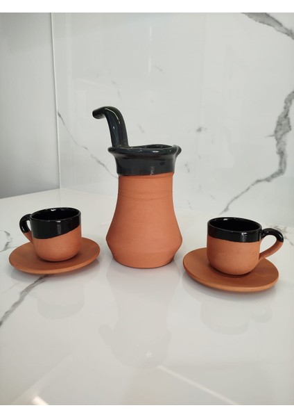 Toprak Içi Sırlı Siyah 2'li Kahve Fincan Takımı Siyah Model 2 ve Yeşil Renk Cezve
