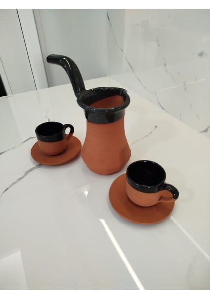 Toprak Içi Sırlı Siyah 2'li Kahve Fincan Takımı Siyah Model 2 ve Yeşil Renk Cezve
