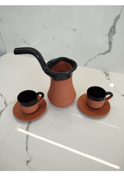 Toprak Içi Sırlı Siyah 2'li Kahve Fincan Takımı Siyah Model 2 ve Yeşil Renk Cezve