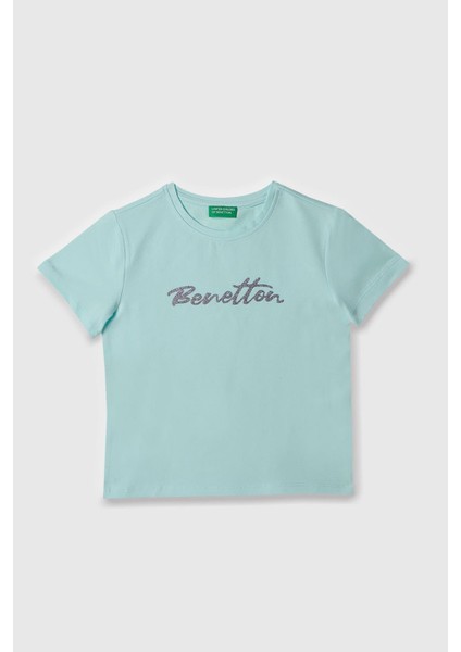 Kız Çocuk Bnt Yazı Logo T-Shirt - Mavi