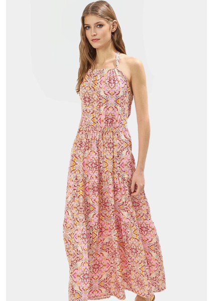 Rahat Viskoz Maxi Elbise Dokuma Şifon Kumaş Çiçek Desenli A Line Kalıp Halter Yaka