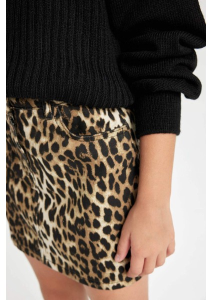 Kız Çocuk Leopar Desenli Cepli Gabardin Etek D5241A824WN
