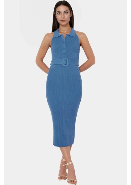 Kadın Triko Midi Elbise Kemerli Bodycon Slim Kalıp Günlük Kullanım Için