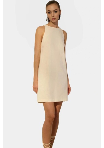 Dokuma Keten Karışımlı Mini Elbise 88CM Boy Rahat Kalıp Özenle Seçilmiş Günlük Kullanım Için