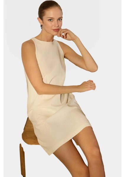 Dokuma Keten Karışımlı Mini Elbise 88CM Boy Rahat Kalıp Özenle Seçilmiş Günlük Kullanım Için fiyatları