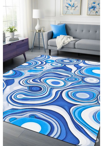 Mavili Abstract Soyut Desenli Halı Dijital Baskılı Dokuma Kaymaz Tabanlı Yıkanabilir Banyo Halısı