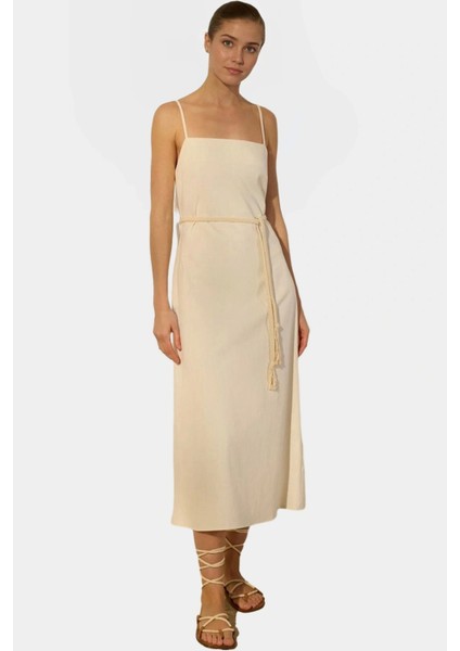 Keten Karışımlı A Kesim Midi Elbise Kolsuz Kuşaklı Yazlık Mükemmel Uyum Kaliteli Işçilik