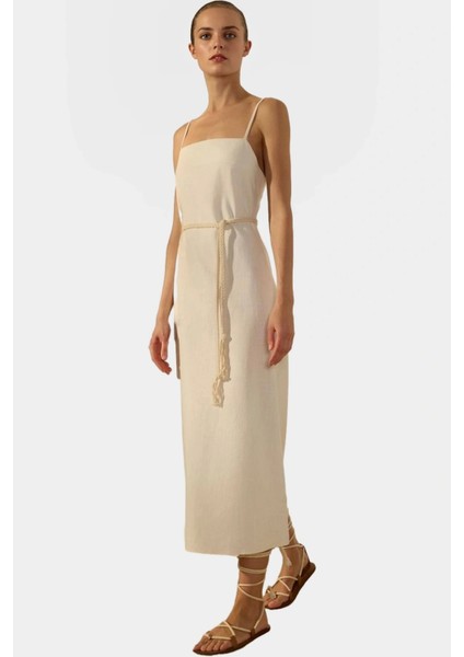 Keten Karışımlı A Kesim Midi Elbise Kolsuz Kuşaklı Yazlık Mükemmel Uyum Kaliteli Işçilik fiyatları