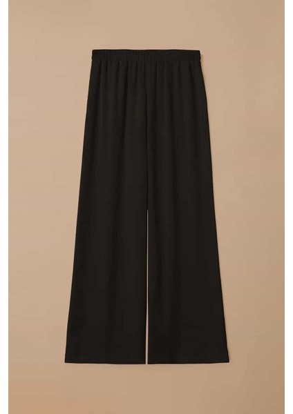 Kadın Elastik Bel Dökümlü Bol Paça Pantolon - Siyah