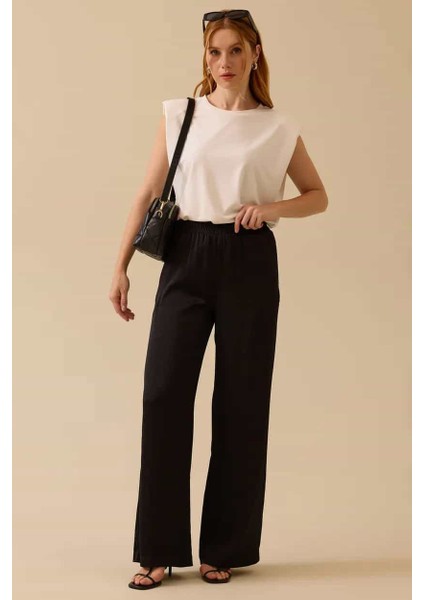Kadın Elastik Bel Dökümlü Bol Paça Pantolon - Siyah fiyatları
