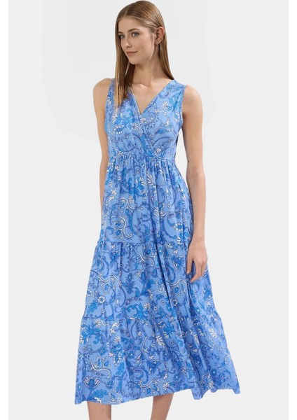 Çiçekli Desenli V Yaka Maxi Elbise Örme Polyester Yazlık Günlük Kullanım Için Rahat
