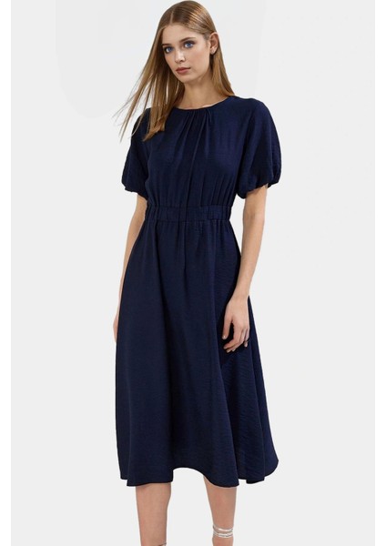 Şık Polyester Midi Elbise A Line Kesim Keten Görünümlü Dokuma Trend Tasarım