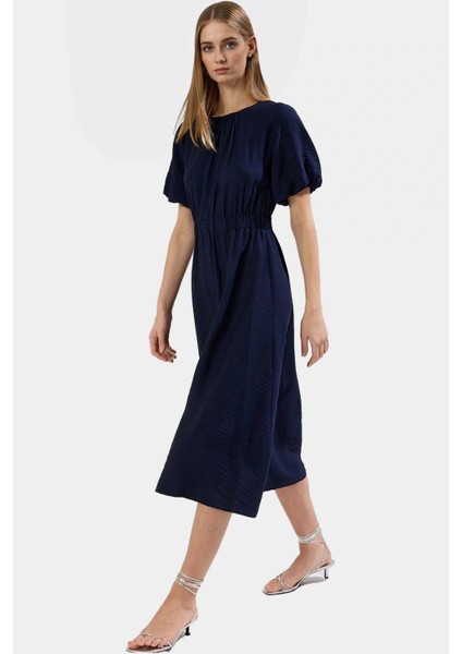 Şık Polyester Midi Elbise A Line Kesim Keten Görünümlü Dokuma Trend Tasarım fiyatları