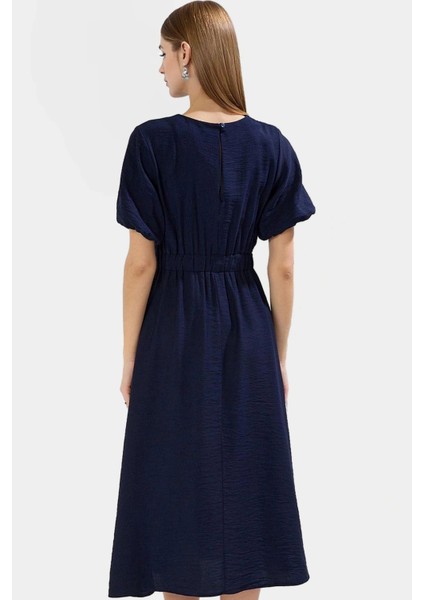 Şık Polyester Midi Elbise A Line Kesim Keten Görünümlü Dokuma Trend Tasarım modelleri