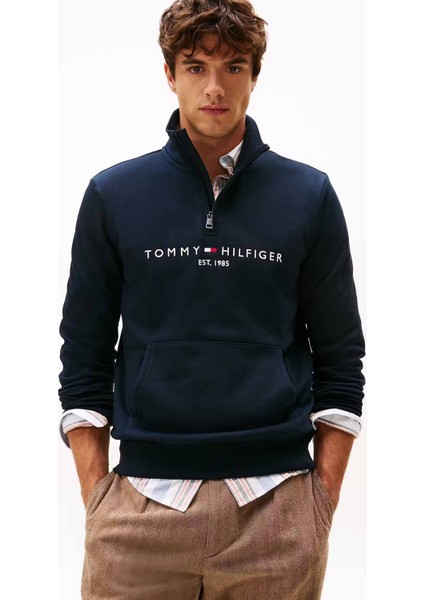 Erkek Tommy Logo Mockneck Fermuarlı Sweatshirt - Lacivert